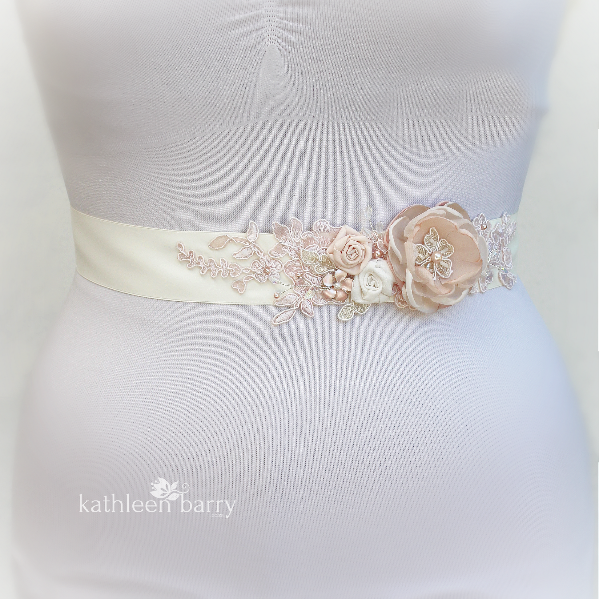 Wedding dress sash bridal belt floral with lace - Blush pink - soft pink colors to order online