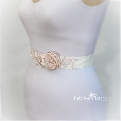 Wedding dress sash bridal belt floral with lace - Blush pink - soft pink colors to order online