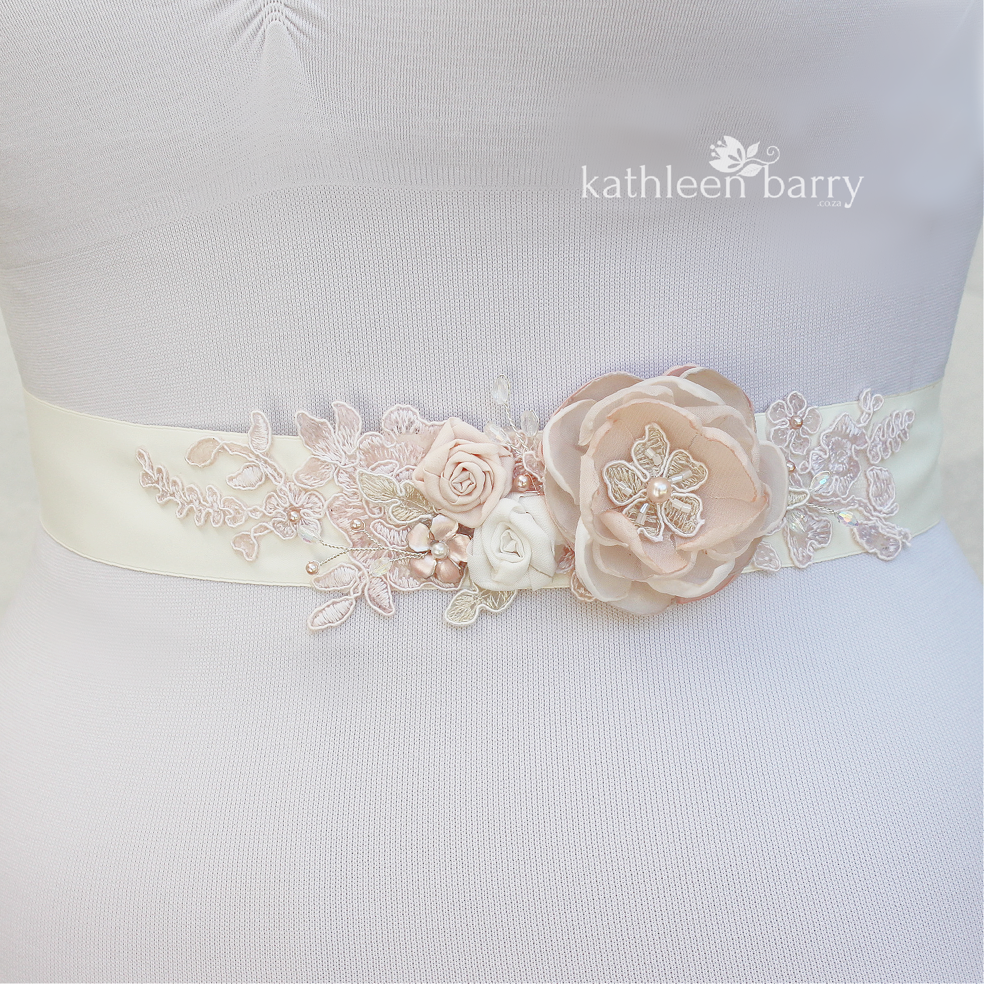 Wedding dress sash belt floral with lace - Blush pink - soft pink colors to order online