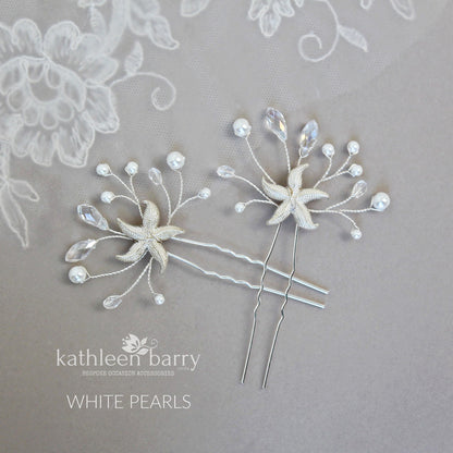 Starfish hair pin, crystal and pearl - sea star beach wedding - Sold Individually