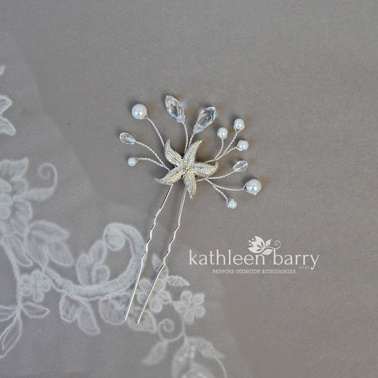 Starfish hair pin, crystal and pearl - sea star beach wedding - Sold Individually