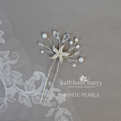 Starfish hair pin, crystal and pearl - sea star beach wedding - Sold Individually