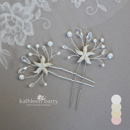 Starfish hair pin, crystal and pearl - sea star beach wedding - Sold Individually