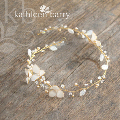 Tracy crystal pearl headband, delicate sculpted fabric flowers and glass leaves - colors available
