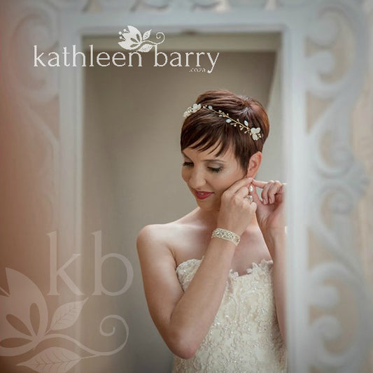 Tracy crystal pearl headband, delicate sculpted fabric flowers and glass leaves - colors available