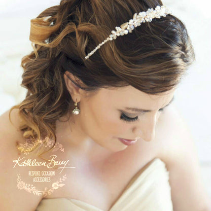 Veronique leaf detail crystal & pearl head band or tiara available in Silver, gold or rose gold finish