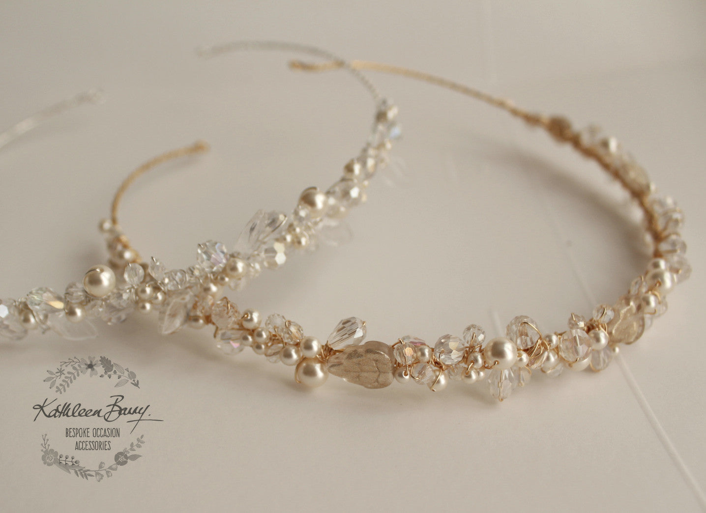 Veronique leaf detail crystal & pearl head band or tiara available in Silver, gold or rose gold finish