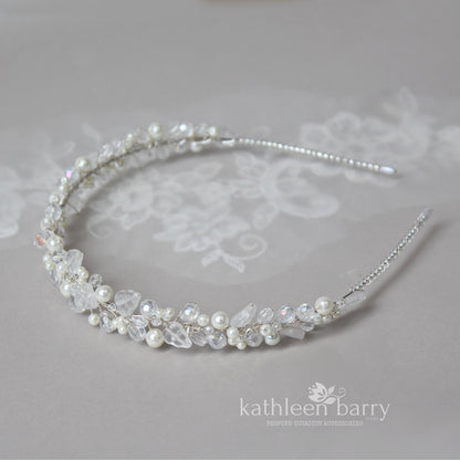 Veronique leaf detail crystal & pearl head band or tiara available in Silver, gold or rose gold finish