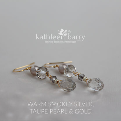 Smokey silver grey Clare Earrings Crystal & Pearl Gold, silver or rose gold option (also available in clear)