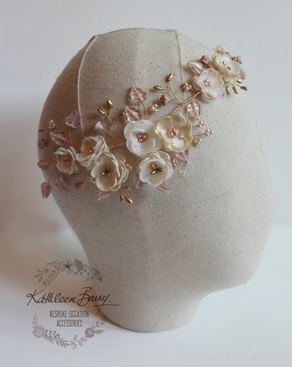 Wendy Rose gold, champagne, blush pink flower wedding headband wreath