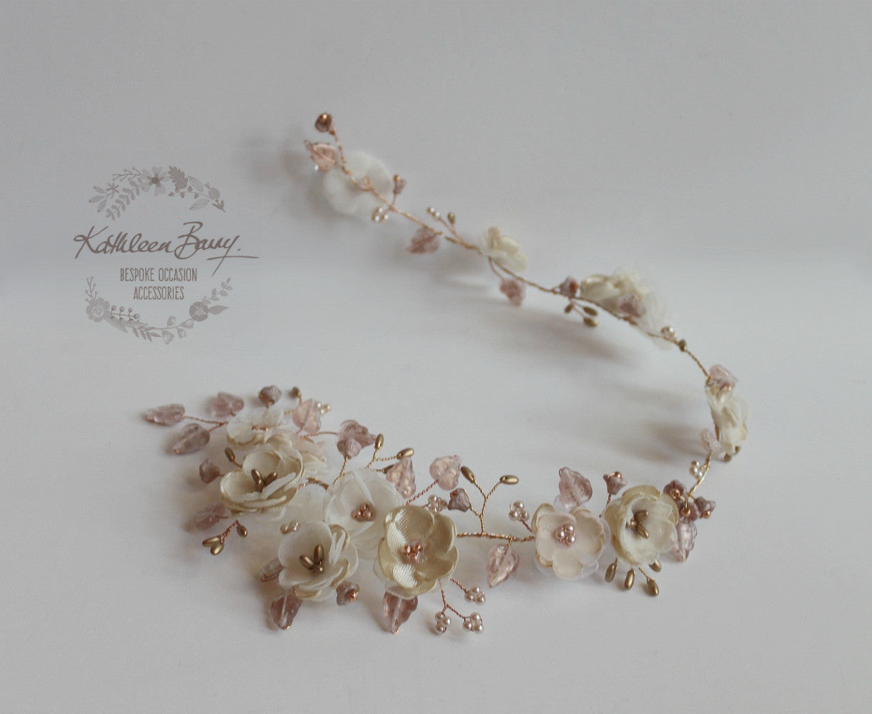 Wendy Rose gold, champagne, blush pink flower wedding headband wreath