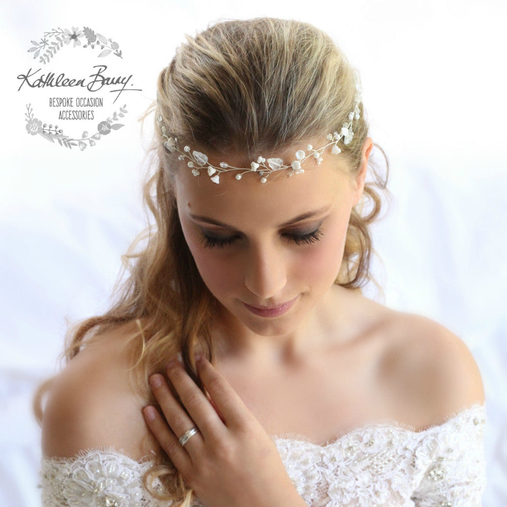 Zoe White & Silver wedding bridal hair headband - hair wreath crown